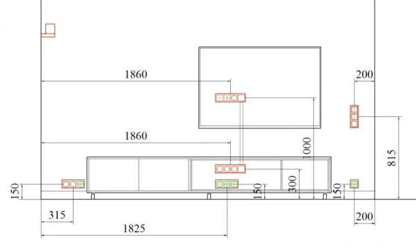 Расположение гнезд розеток рядом с телевизором