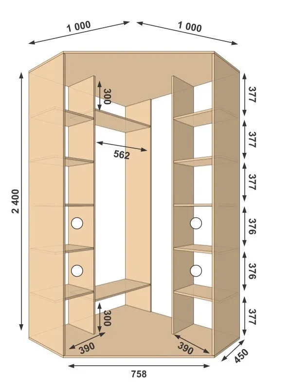 Треугольная модель угловых шкафов - чертеж
