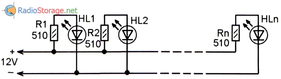 Схема гирлянды, состоящей из практически неограниченного числа светодиодов