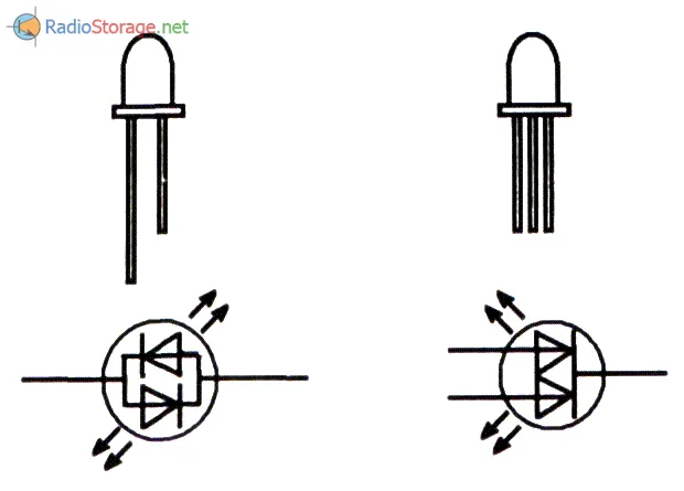 Светодиоды с двумя и тремя выводами, обозначения на схемах