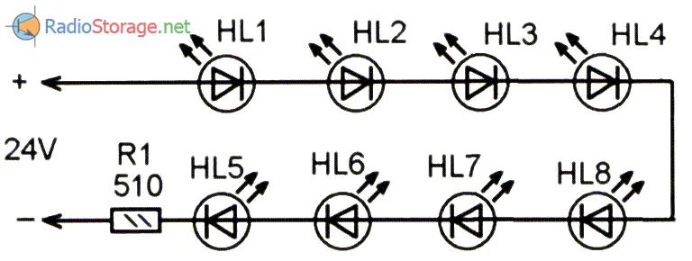 Схема самодельной гирлянды из восьми светодиодов