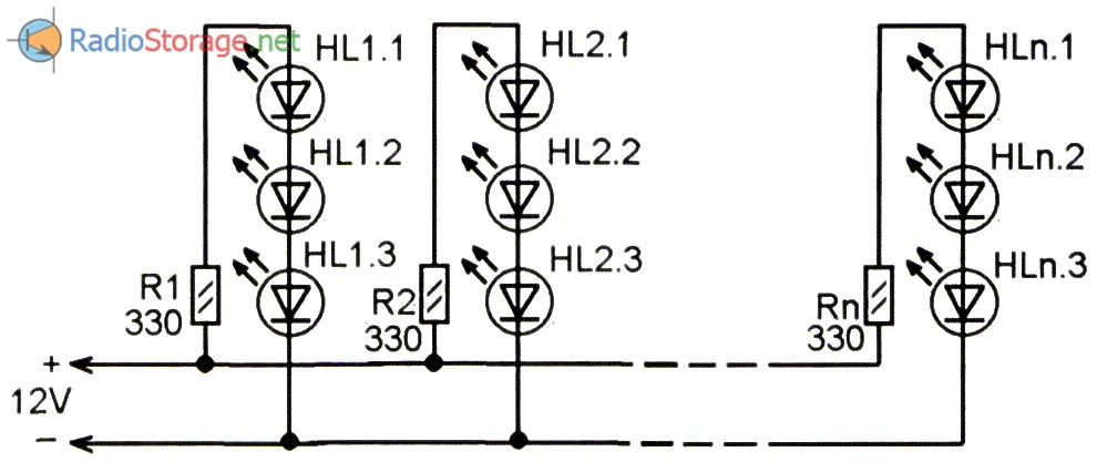 Схема светодиодной гирлянды, в которой светодиоды включены по три последовательно