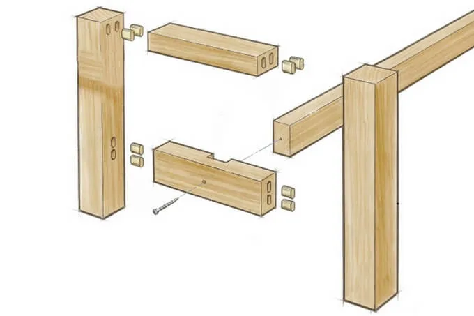 Сборка основания деревянной скамейки на вставных шипах.