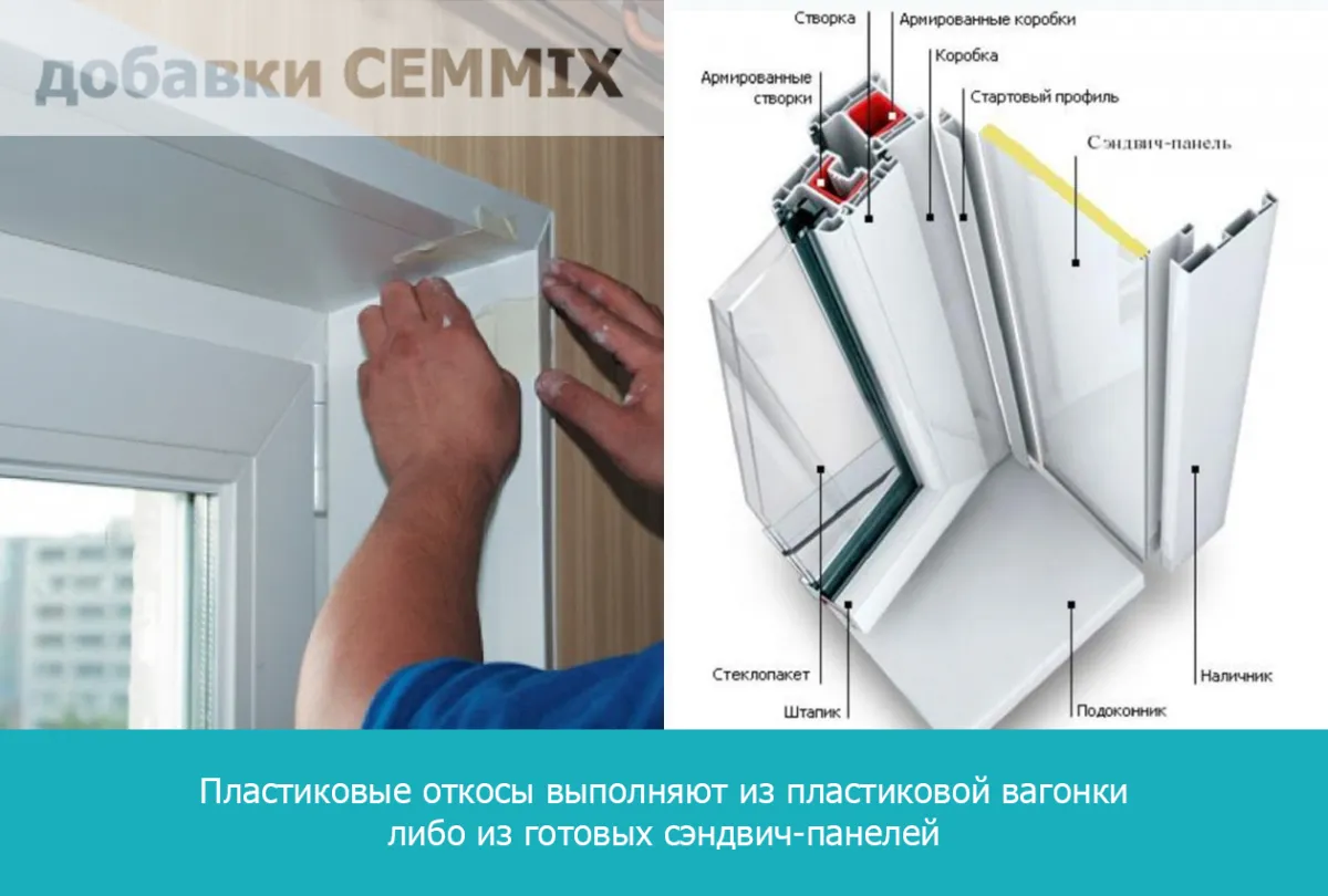 Пластиковые откосы выполняют из пластиковой вагонки либо из готовых сэндвич-панелей