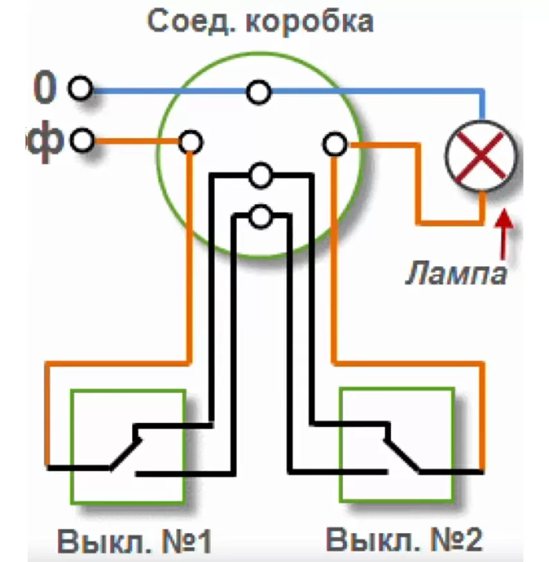 Схема подключения проходного выключателя