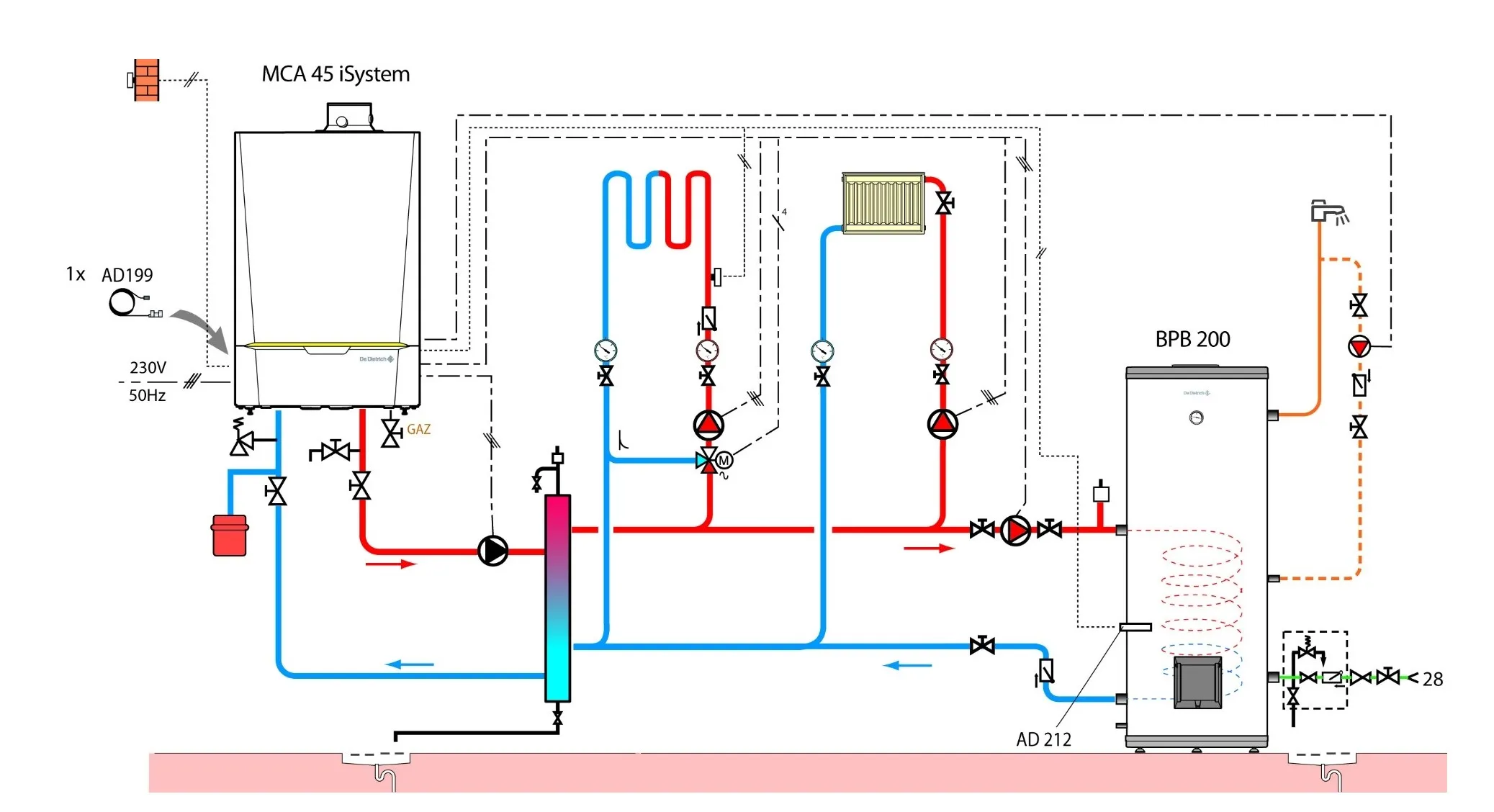 Схема рециркуляции горячей воды с бойлером