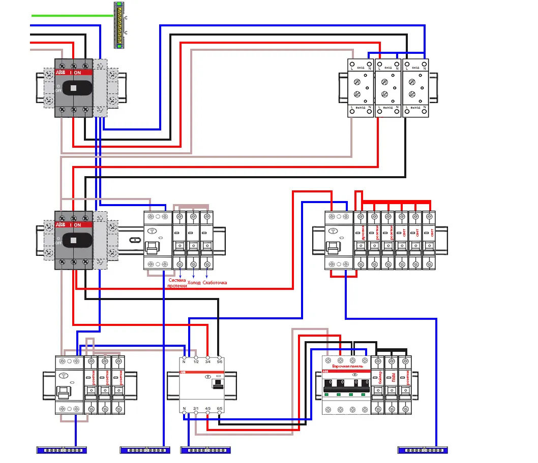схема сборки трехфазного щитка в дом с УЗО и однополюсными автоматами