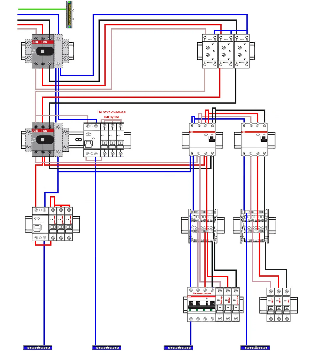 схема сборки трехфазного щитка с УЗО, однополюсными автоматами, кросс модулями