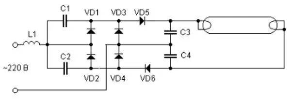схема включения сгоревших люминесцентных ламп