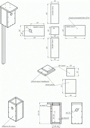 Для сооружения скворечника нужны следующие материалы: линейка и карандаш, гвозди, молоток, пилка и сверло. Желательно чтобы у изделия была съемная крыша, преимущество его заключается в возможности ежегодно оглядывать скворечник и проводить его чистку. 