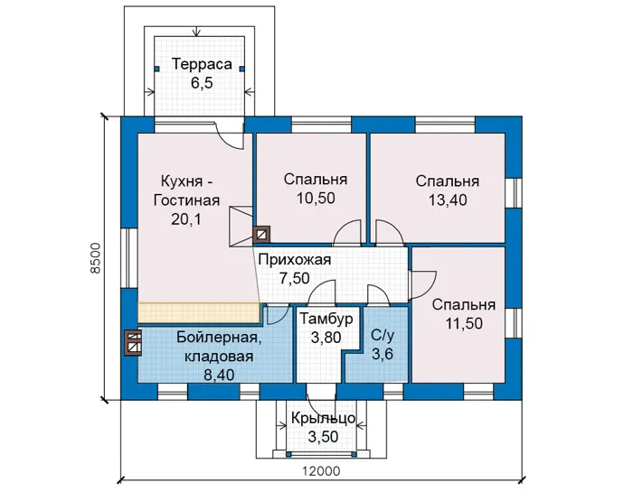 Планировка первого этажа :: Проект дома из кирпича 75-33