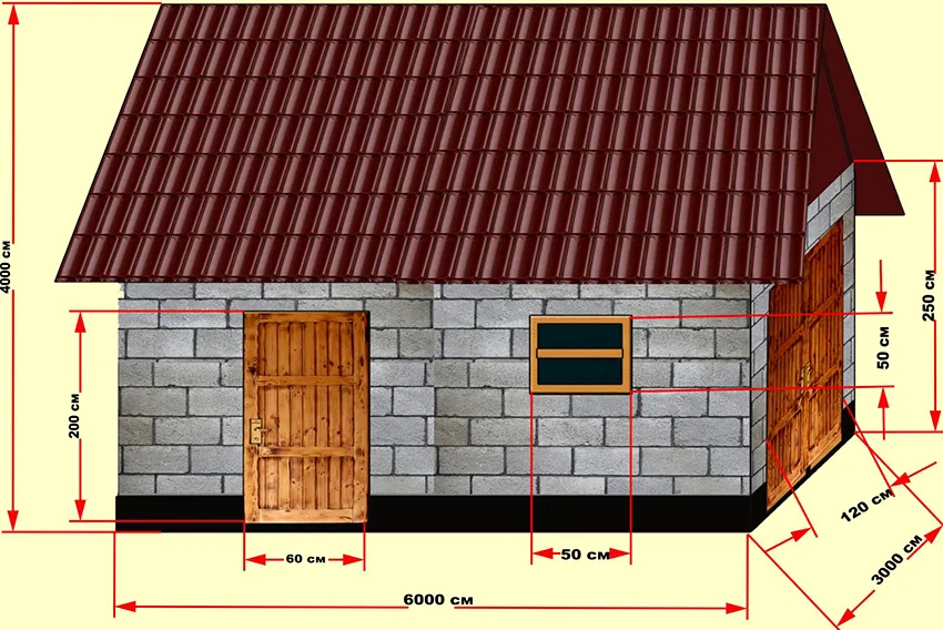 План небольшого дачного сарая из пеноблоков размером 6х4х3 м