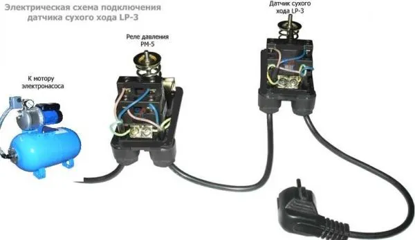 Схема электрического подключения реле сухого хода в системе с гидроаккумулятором