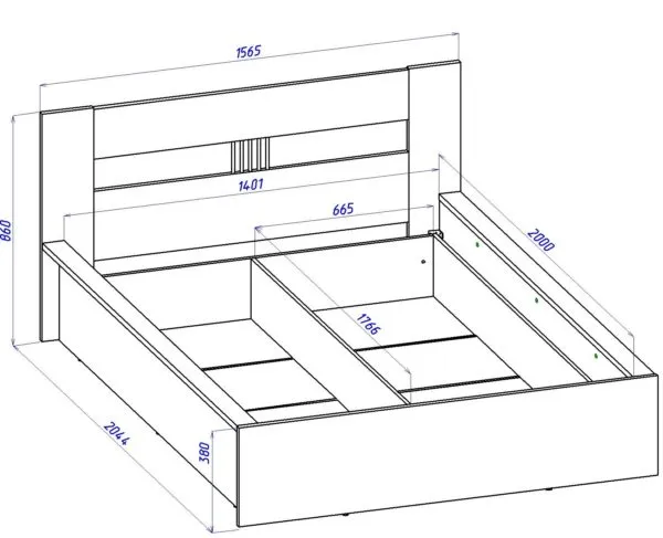 На этом эскизе показана двуспальная кровать из ДСП под установку стандартного матраса (для сборки всей конструкции применяется стружечная плита не тоньше 23 мм)