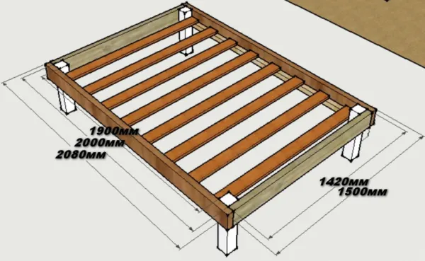 Чертёж двуспальной кровати из доски и бруса (для несущей конструкции используем доску 40×250 мм, а для ламелей 25×100 мм)
