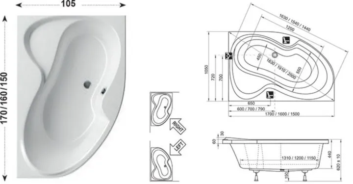 Размеры угловой ванны