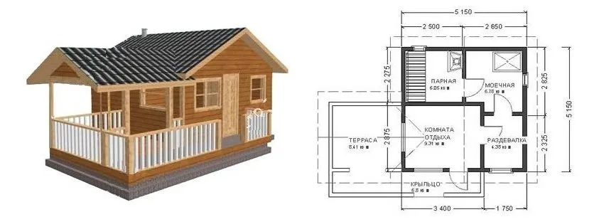 Проект бани с комнатой отдыха и террасой