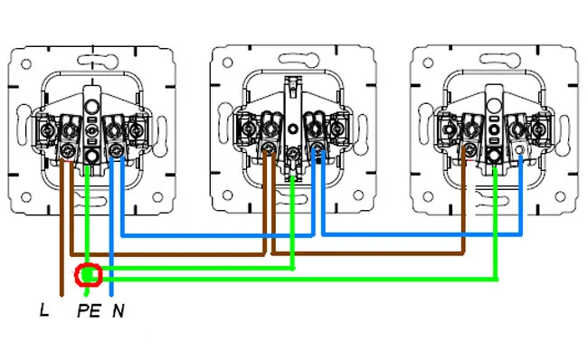 Подключение трёх розеток от одного кабеля