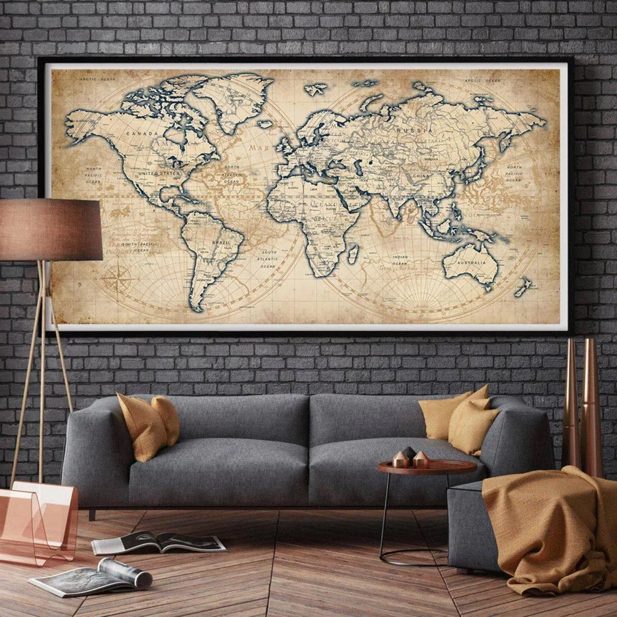 Географическая карта над диваном
