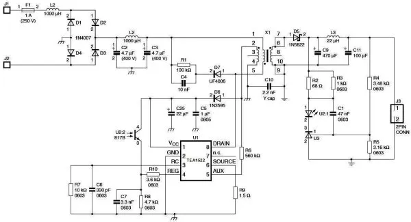 Схема импульсного источника питания на основе TEA1522