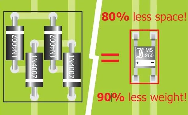 Выпрямители серии 1N4007 в сравнении с MS500 на печатной плате