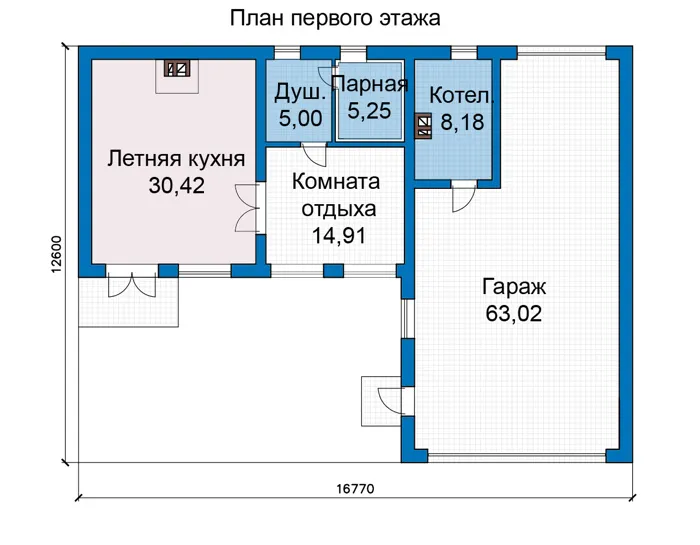 Планировка первого этажа :: Проект дома из газобетона 66-66