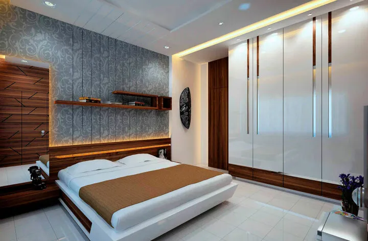 Спальня в современном стиле со шкафом-купе у стены