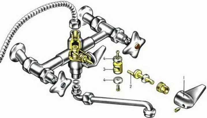 Смеситель с золотниковым переключателем душа в разборе