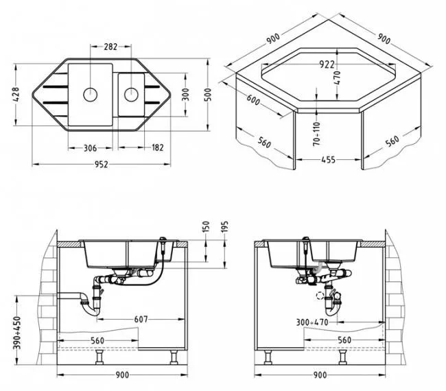 Схема угловой кухни с угловой мойкой с размерами