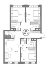 МФК Клубный дом «Космо 4/22», планировка 3-комнатной квартиры, 122.27 м²