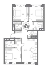МФК Клубный дом «Космо 4/22», планировка 3-комнатной квартиры, 113.42 м²