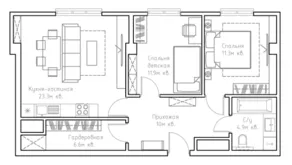 МФК «Резиденции Замоскворечье», планировка 3-комнатной квартиры, 68.00 м²