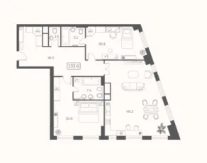 ЖК «Sky House», планировка 3-комнатной квартиры, 132.60 м²