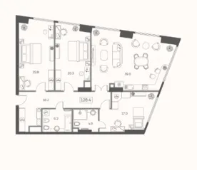 ЖК «Sky House», планировка 3-комнатной квартиры, 128.40 м²