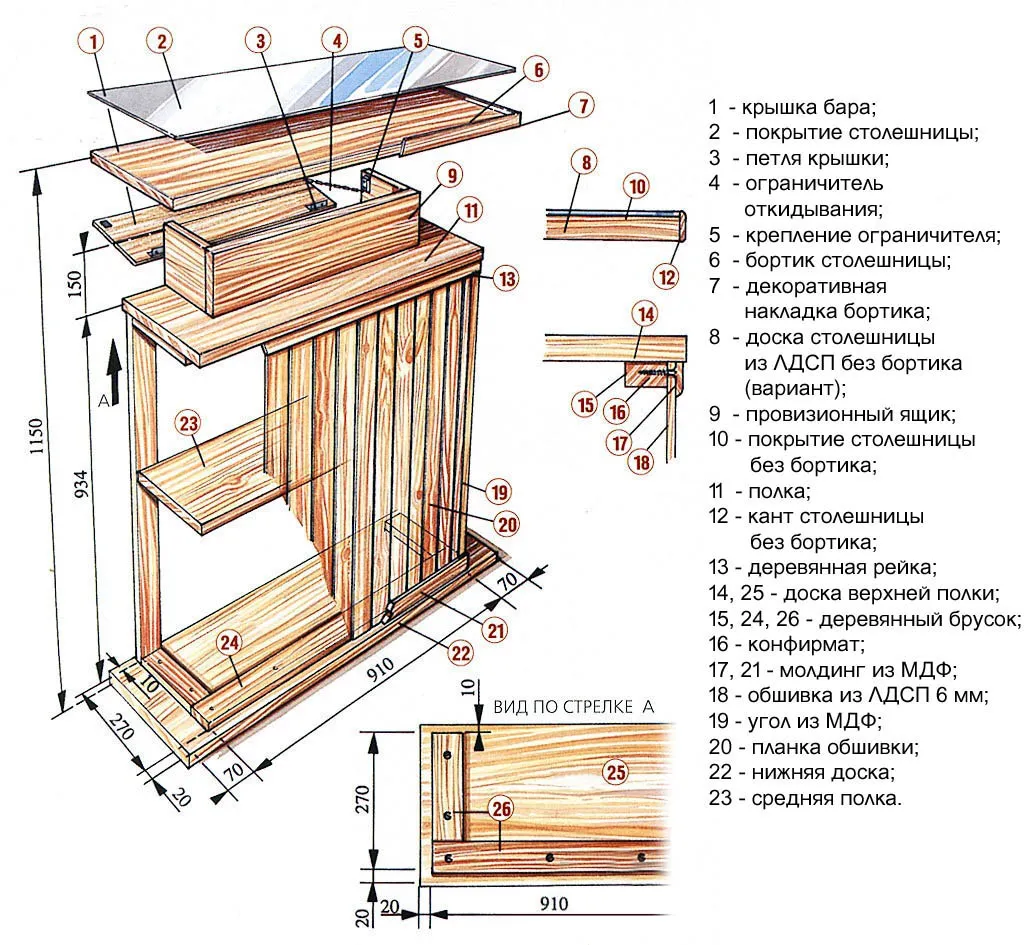 Чертежи и размеры деревянной мини барной стойки бюджетного уровня