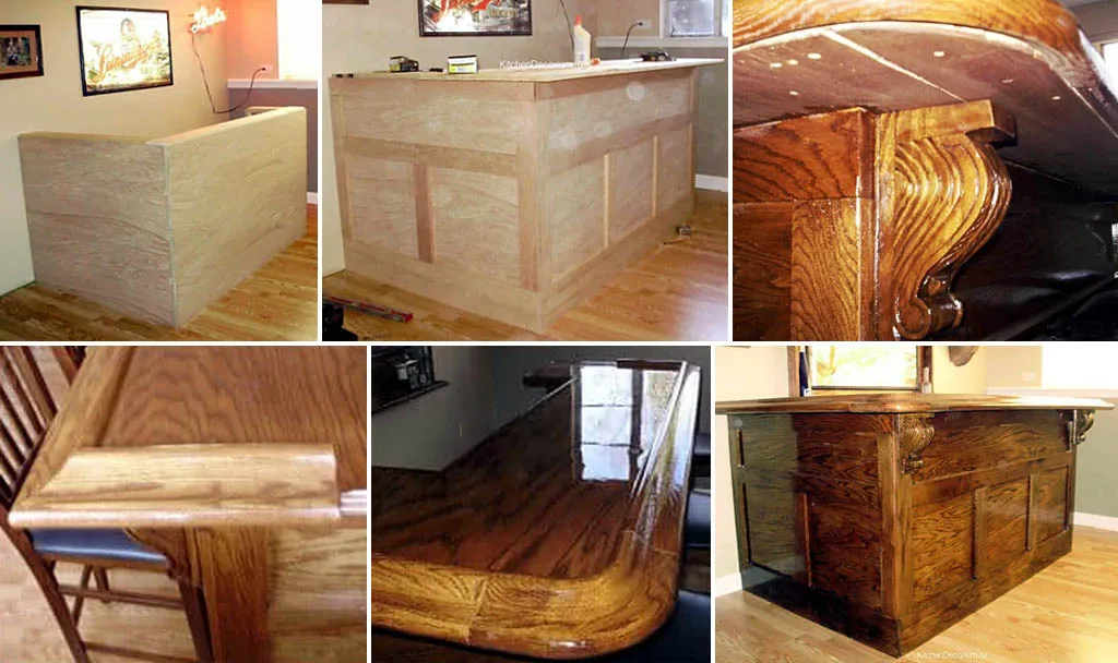 Обшивка каркасной барной стойки шпоном и наложение декоративных элементов