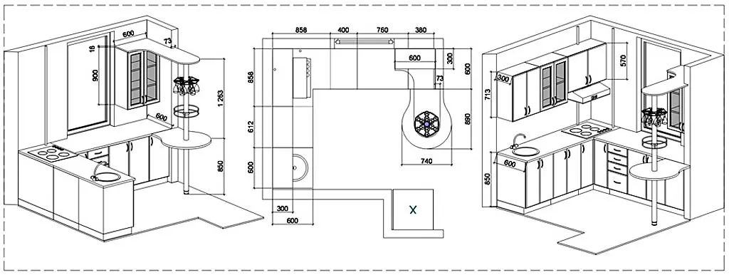 План удобной мини-кухни с барной стойкой