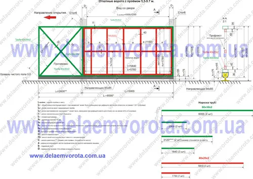 Чертеж откатных ворот с проёмом 5,5-5,7м