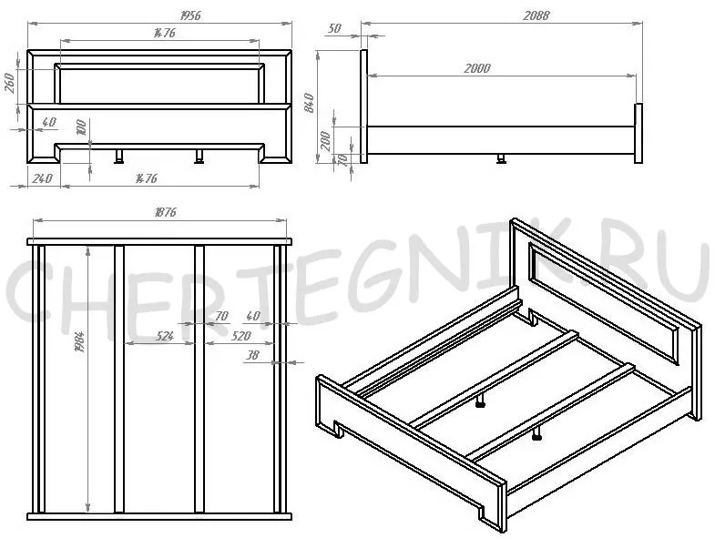 Чертёж для изготовления двуспальной кровати