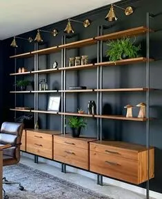 Home Office Shelves, Home Office Setup, Home Office Design, House Design, Office Bookcase, Dinning Room Office Combo, Office And Guest Room Combo, Stair Bookshelf, Office Design Concepts