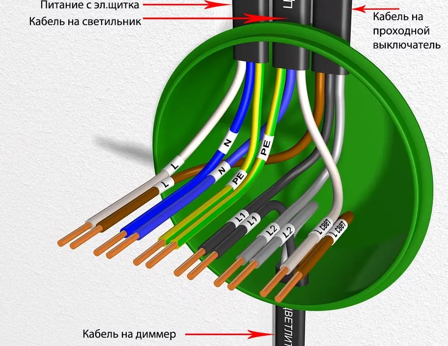 схема подключения диммера проходного и выключателя в распредкоробке