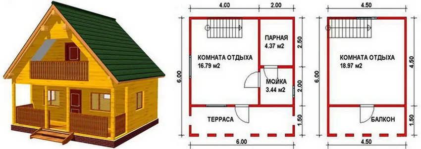 Проект бани с мансардой террасой и балконом