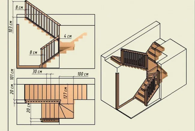 Чертеж трехмаршевой лестницы