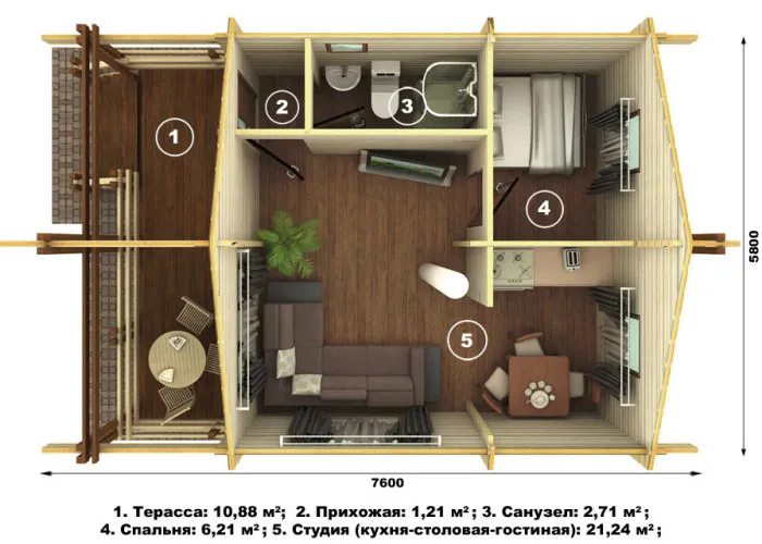 Планировка здания 5,8х7,6 м