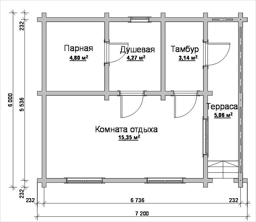 План бани 6×7,2 м