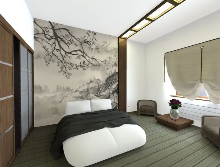 Спальня в японском стиле в спокойных, приглушенных тонах