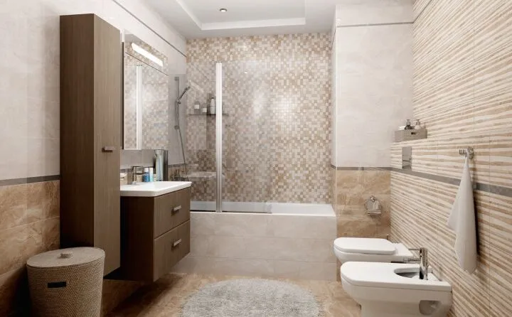 Мозаику можно использовать в качестве красивого акцента, тогда ремонт ванной будет дешевле