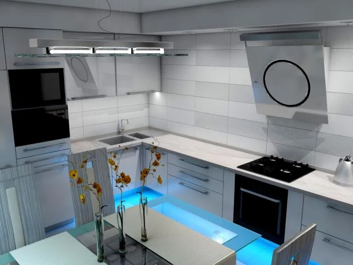 Модная кухня 2023 в серо-черном цвете с голубыми акцентами