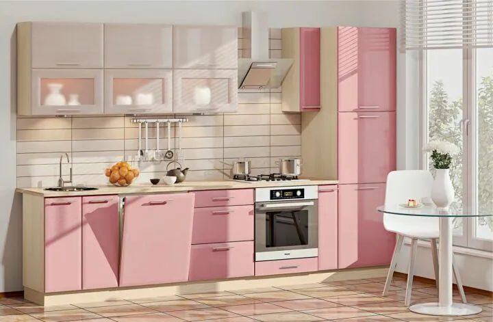 Кремово-розовая кухня в современном стиле