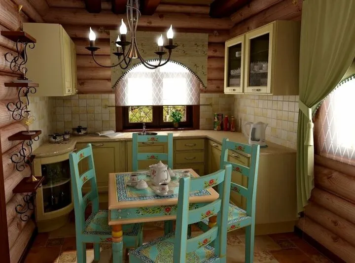 Маленькая кухня в этно-стиле с мраморной столешницей и расписными стульями